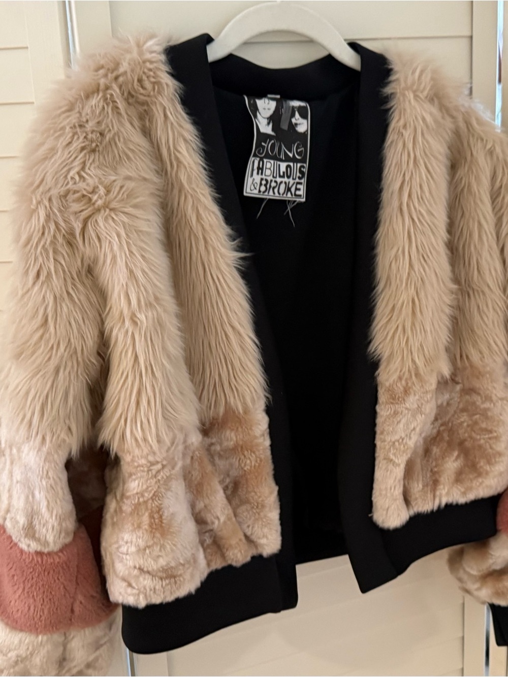 Young Fabulous & Broke Plush Faux Fur Teddy Jacket in Beige and Dusty Rose S/M